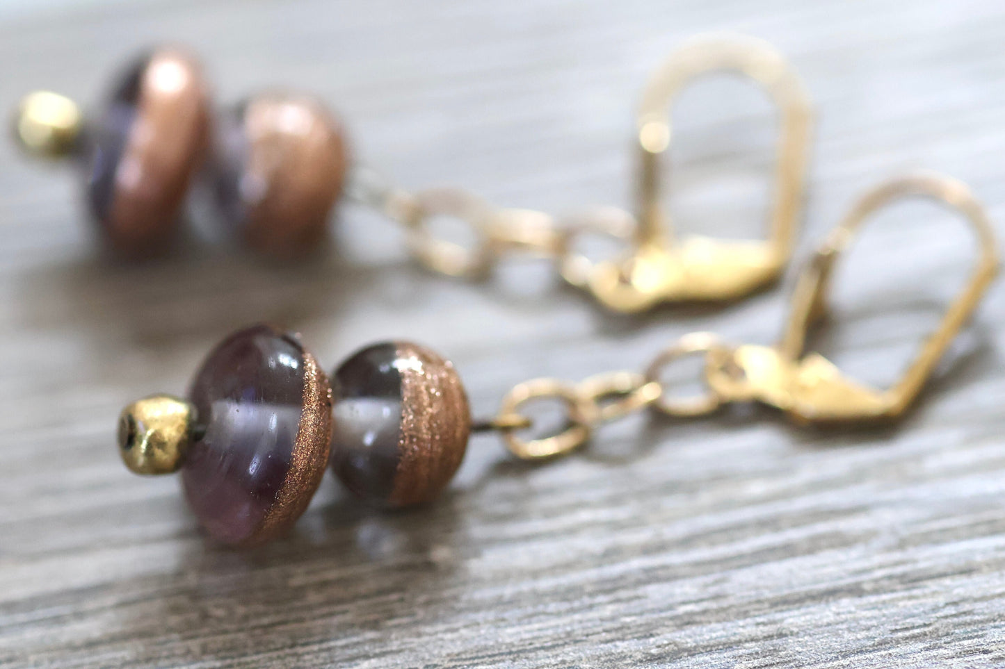 Deep purple and gently sparkled copper art glass vintage dangle earrings