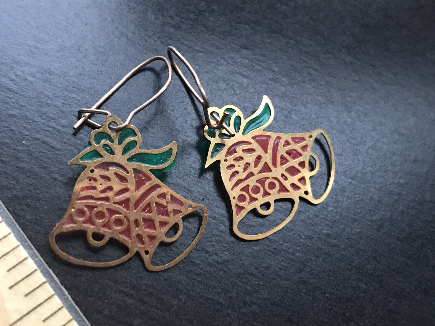 Unique vintage laser-cut metal jingle bell earrings - look like stained glass