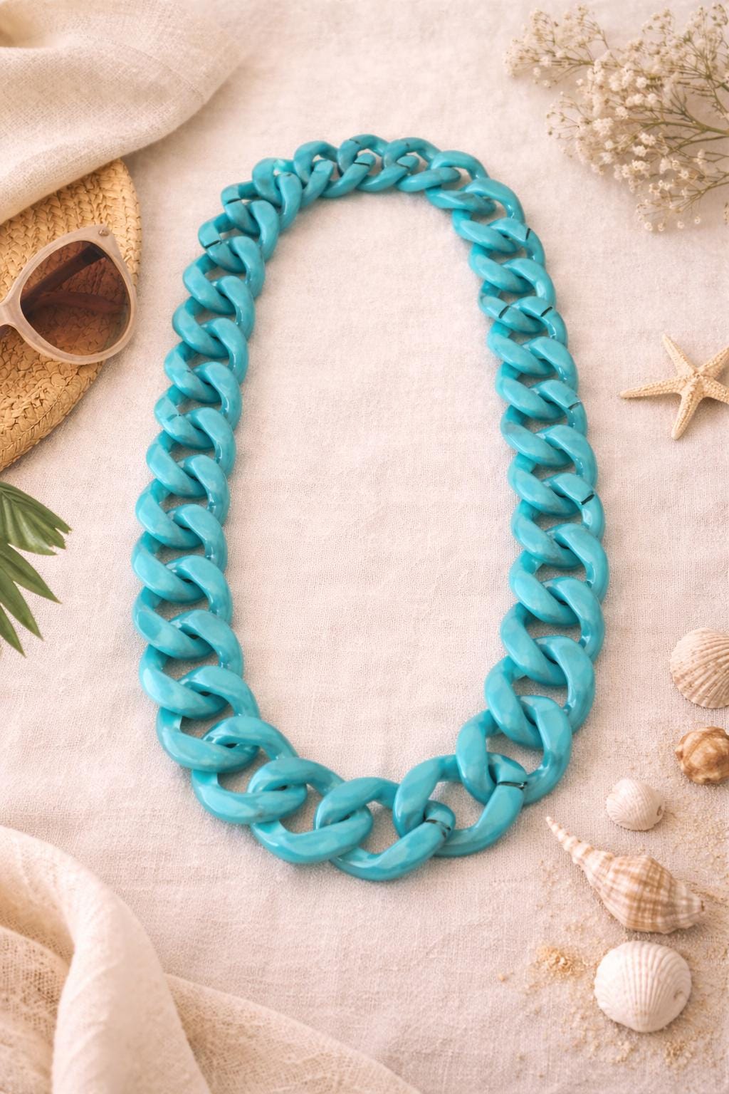 Vintage Turquoise Acrylic Chain Necklace – Oversized Lucite Link Statement Necklace – Bold 80s 90s Chunky Resin Collar