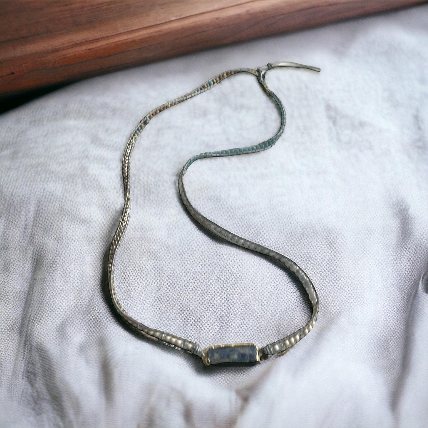 Stunning Vintage Beadwork Necklace with Semi-Precious Stone Inlaid Center – Handmade Boho Jewelry