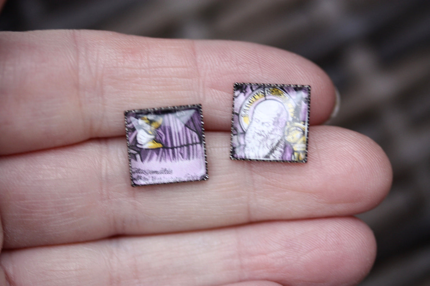 Tiny square stud earrings made from genuine vintage postage stamps - Osterreich Austria postage stamp 1983 purple, saint, Austria Monastery