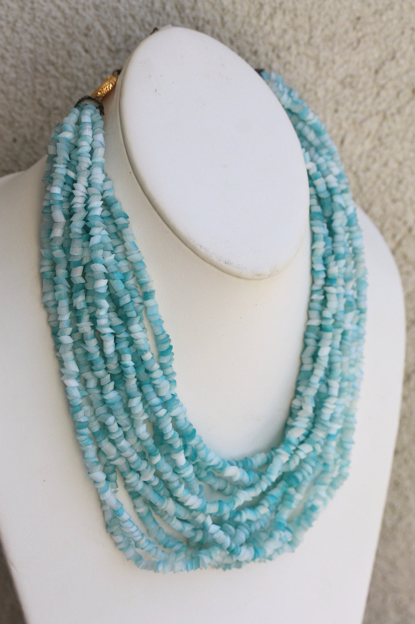 Stunning all glass -  horizontally cut turquoise glass lush vintage multi strand necklace