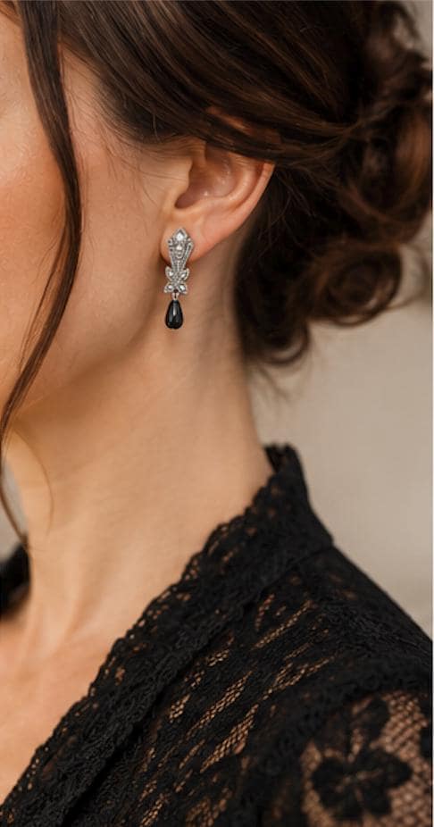 Vintage Art Deco Style Clip-On Earrings with Black Teardrop Dangles | Silver Tone Rhinestones | 1.5" Long