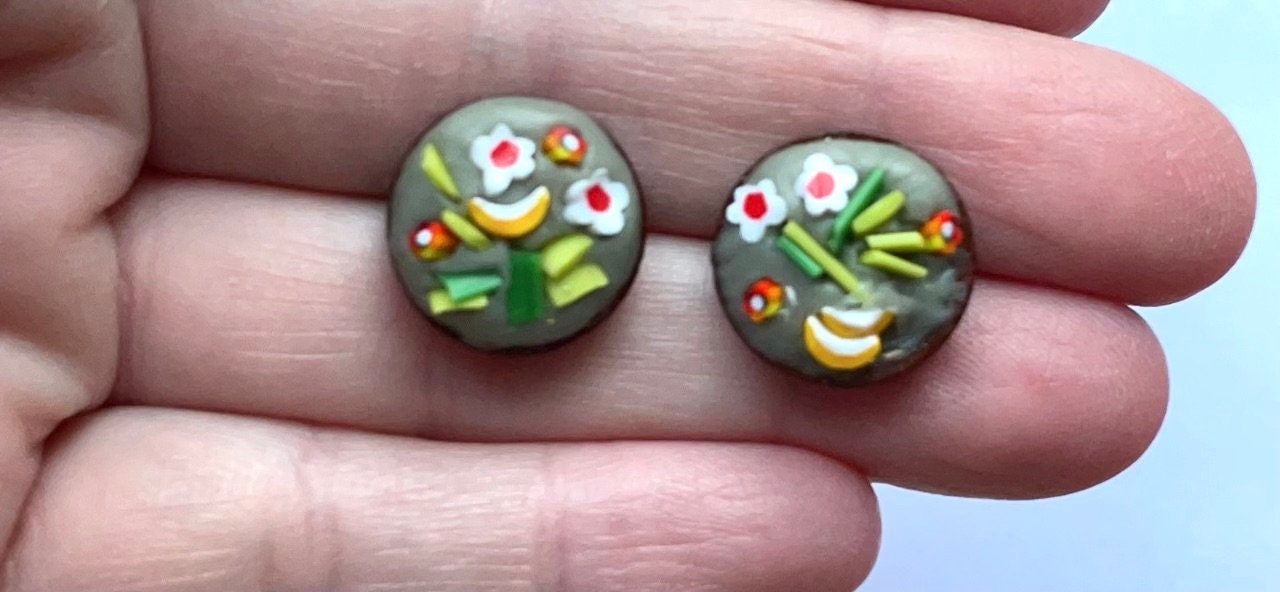 My handmade cut and inlaid glass micro-mosaic stud earrings