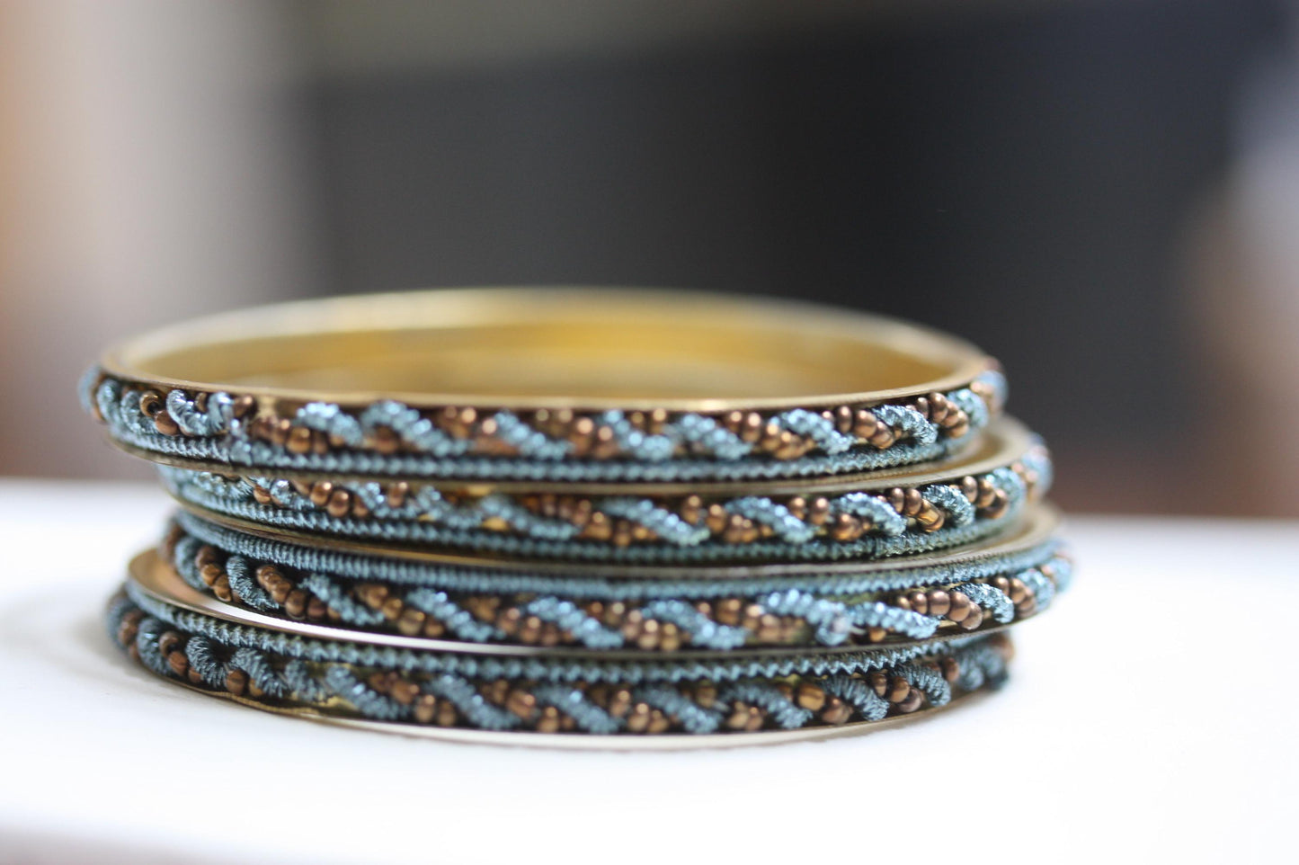 Set of 4 beautiful beadwork and metal bangle bracelets