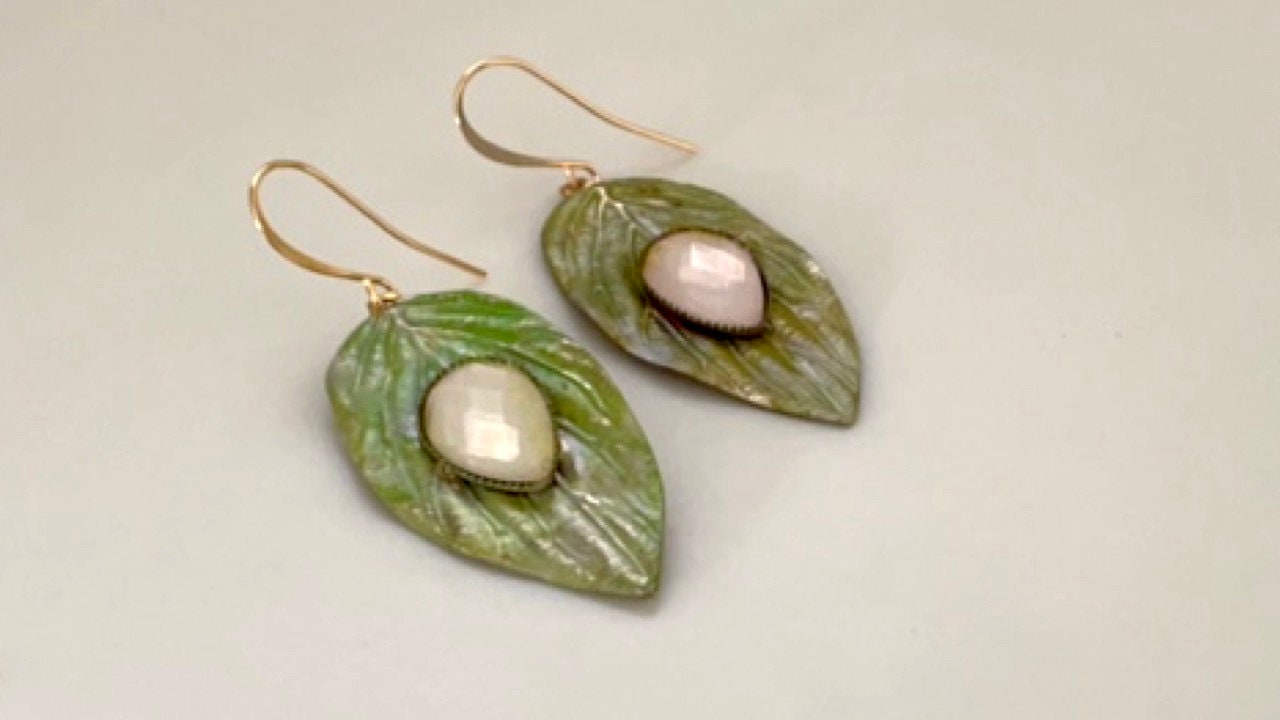 Handmade dangle earrings - Hand painted upcycled vintage leaf earrings with inlaid light pink cabochan