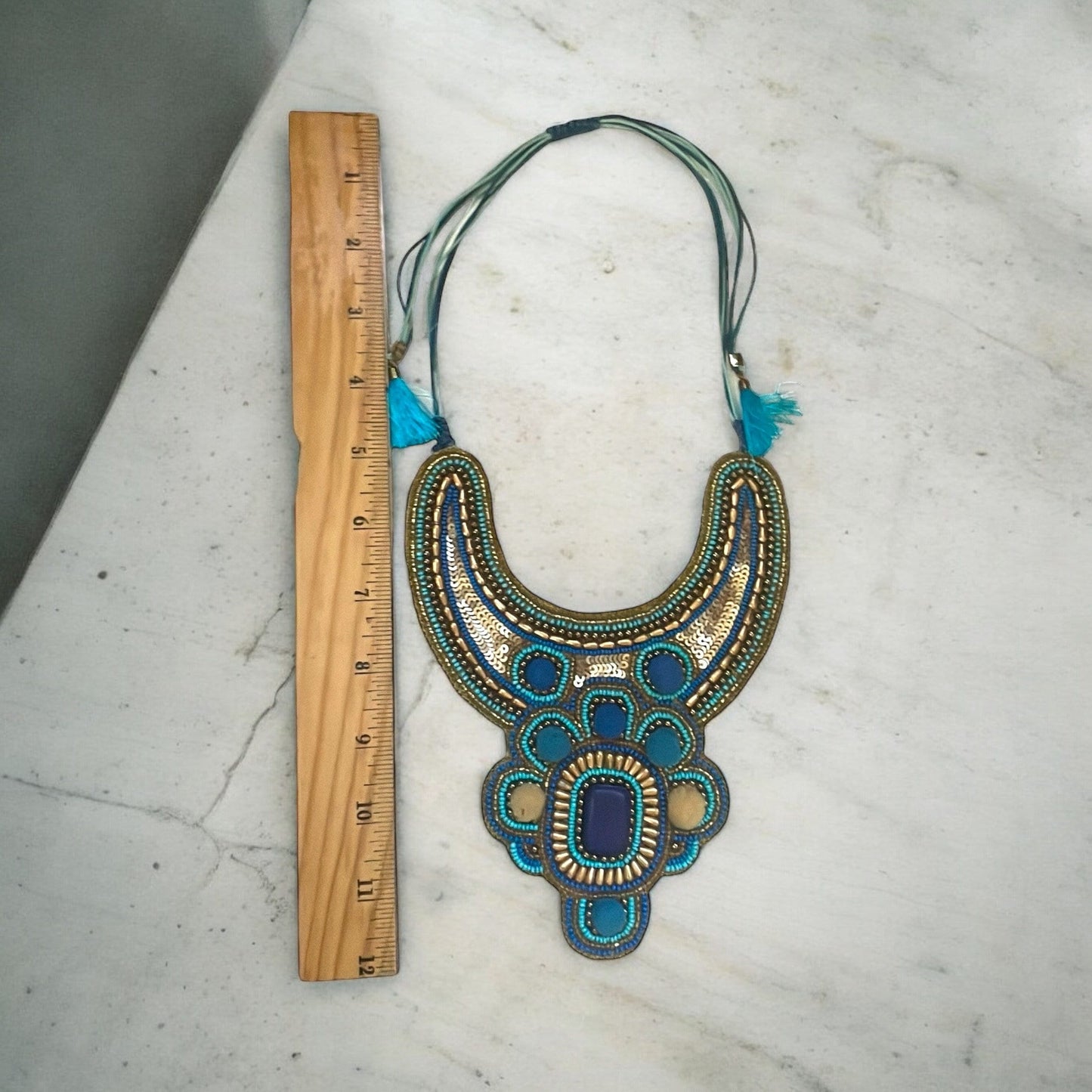 Stunning beadwork necklace - mixed materials with sequins, pom poms and beads - turquoise