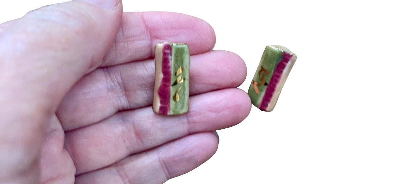 Vintage pottery ceramic earrings - red, green and gold glaze on clay