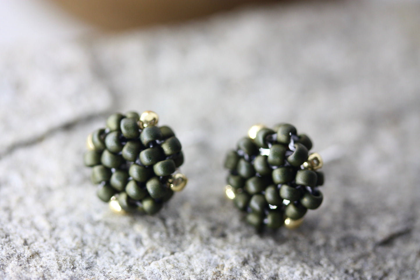 Hand beaded sterling silver stud earrings - matte olive green with drops of gold - studs, beadwork studs, beaded studs
