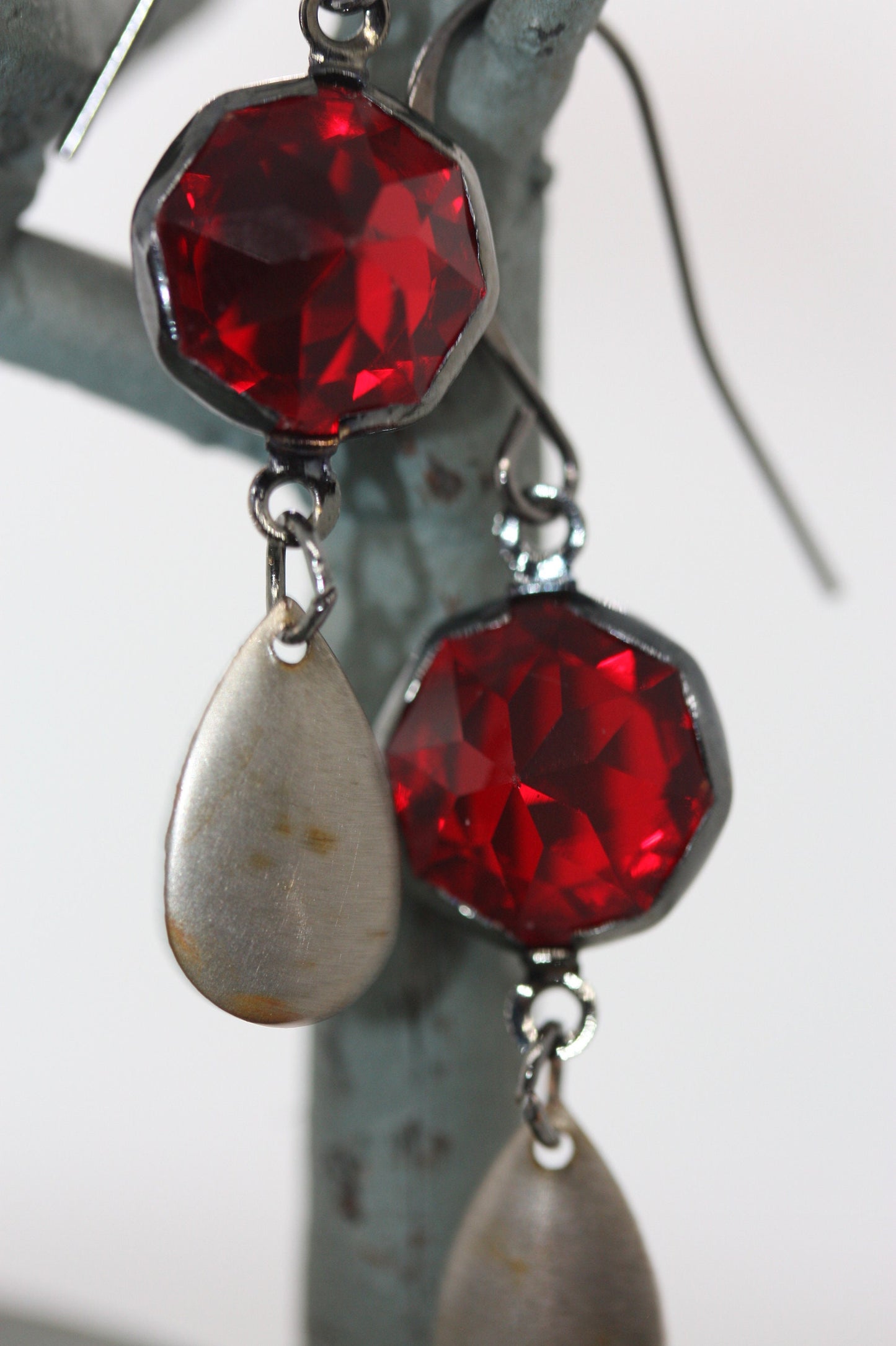 Faceted red glass earrings made of both new and vintage components