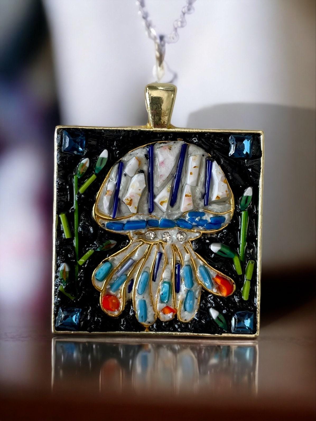 Jellyfish Pendant Necklace: Handcrafted Micro Mosaic Art (Swarovski and Millefiori Glass)