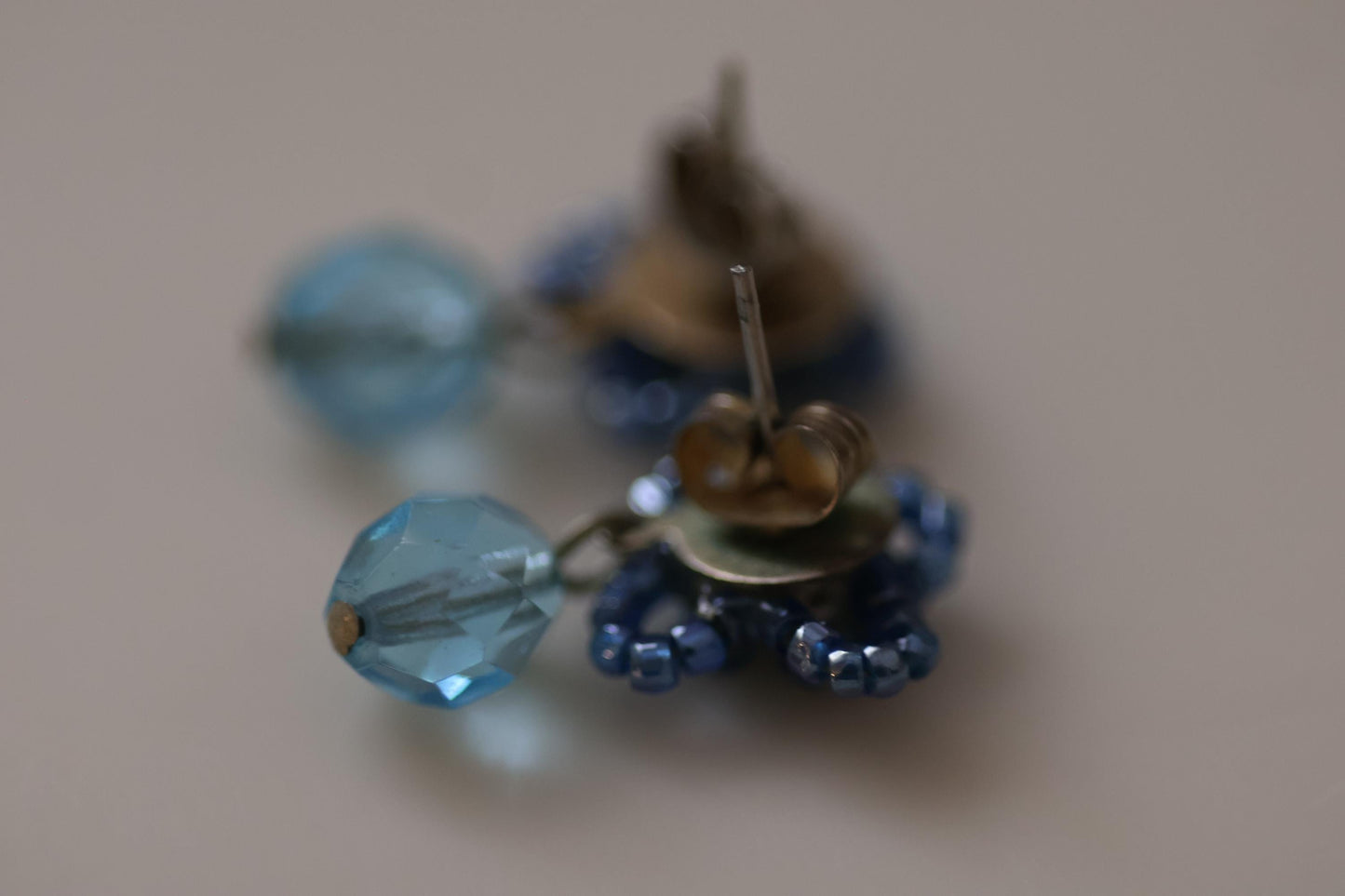 Blue Beaded Earrings with Light Blue Crystal Dangles, Vintage Dangle Earrings, Boho Drop Earrings Gift for Her