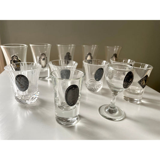 13-piece set of vintage cordial glasses and matching decanter - with silver metal tags