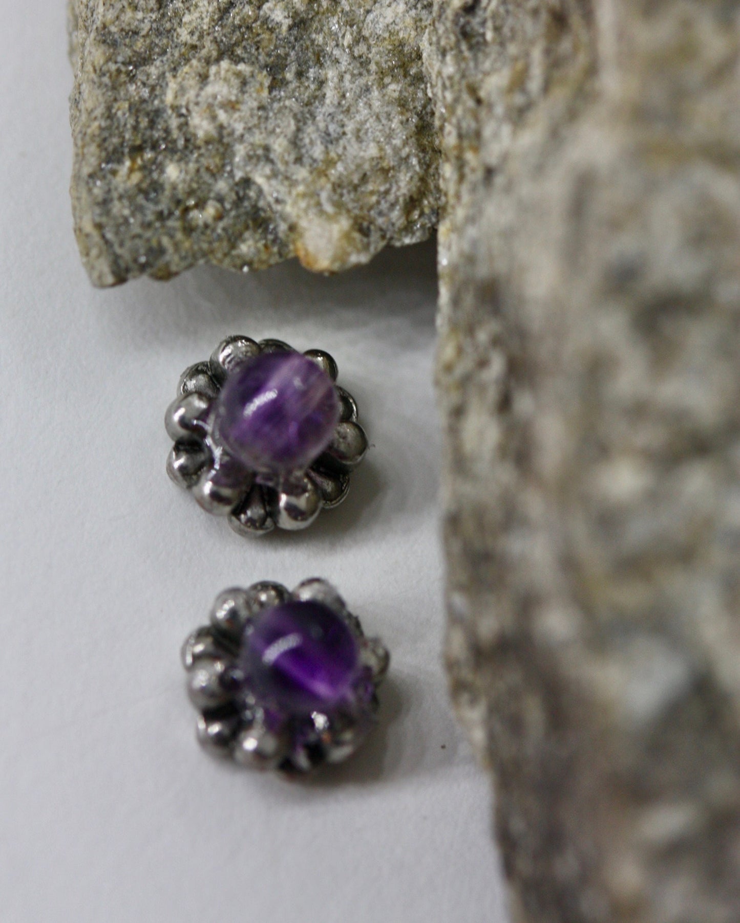 Tiny barely-there purple amethyst in silvertone circle minimalist stud earrings