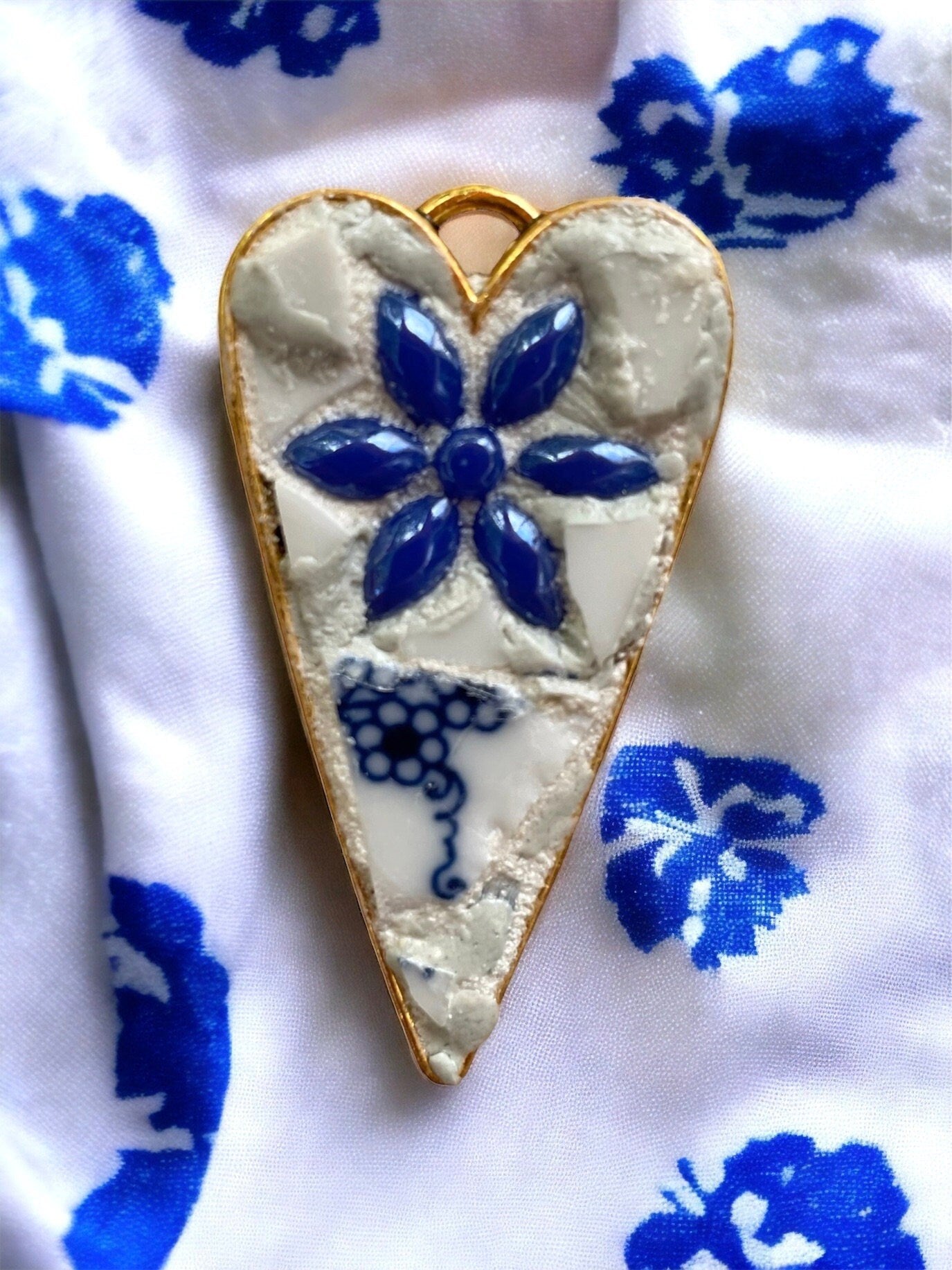 My handmade mosaic heart necklace - made from hand cut pieces of a broken vintage dish