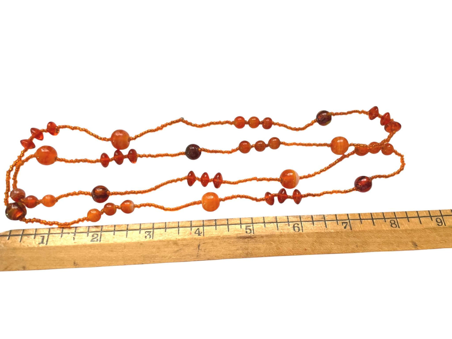 Vintage Orange Glass Bead Necklace – Long 3 Strand Beaded Statement Necklace – Amber Tone Layered Retro Jewelry