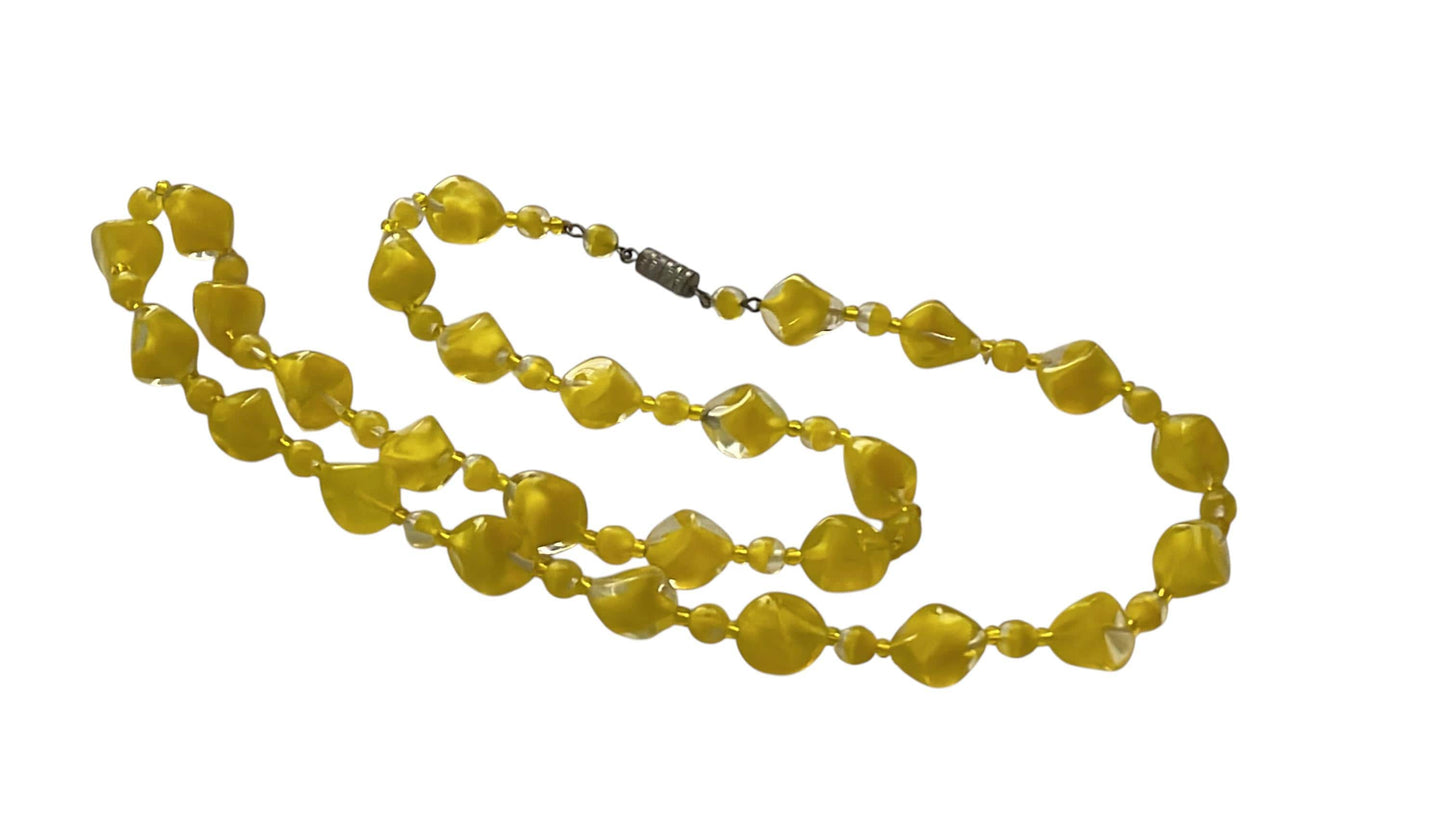Vintage 1950s Czech Cased Glass Necklace – Bold Yellow & Clear Mid Century Art Glass Statement Beads