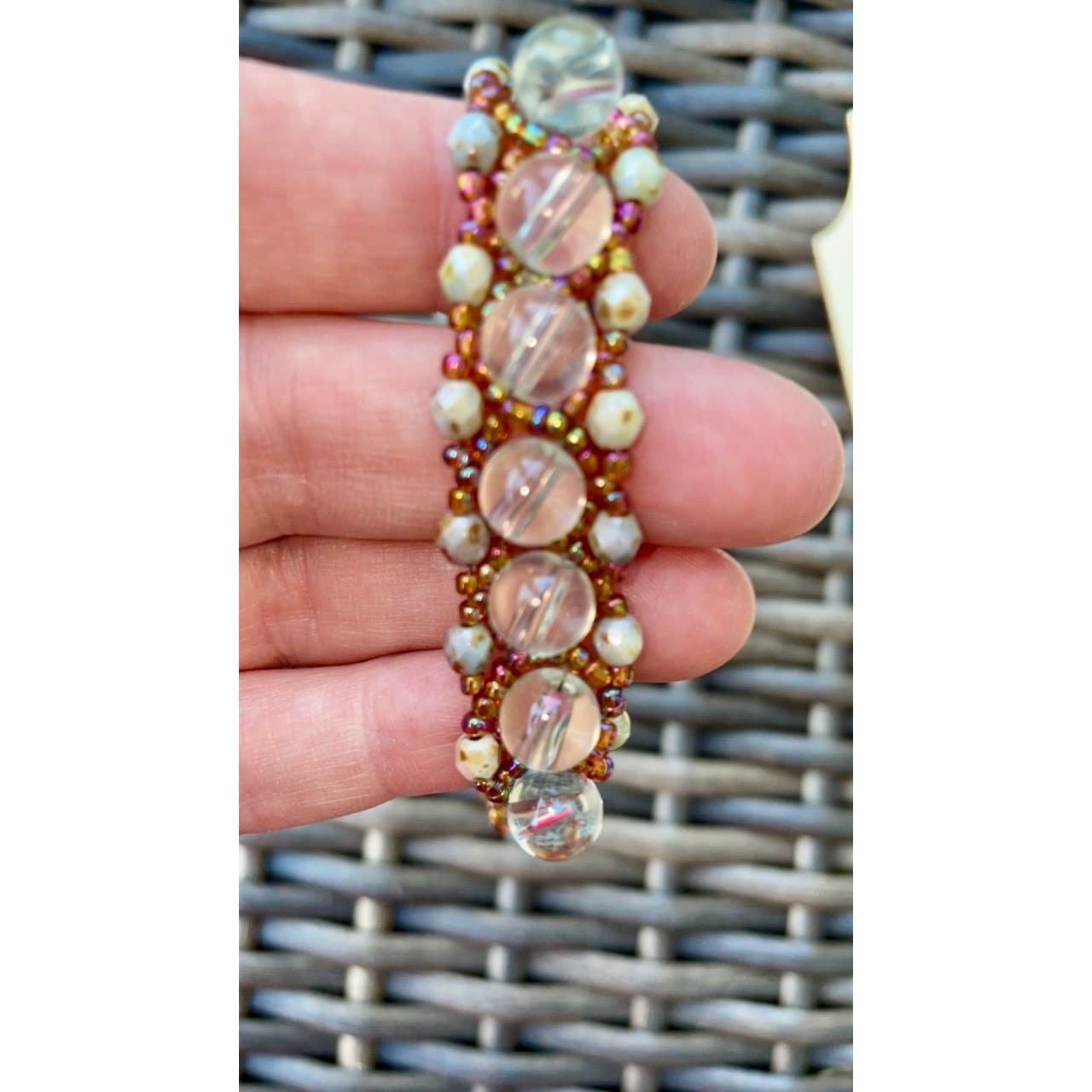 Stunning beadwoven vintage beadwork bracelet - gold iridescent seed beads, cream crystal spacers and clear white glass with toggle closure