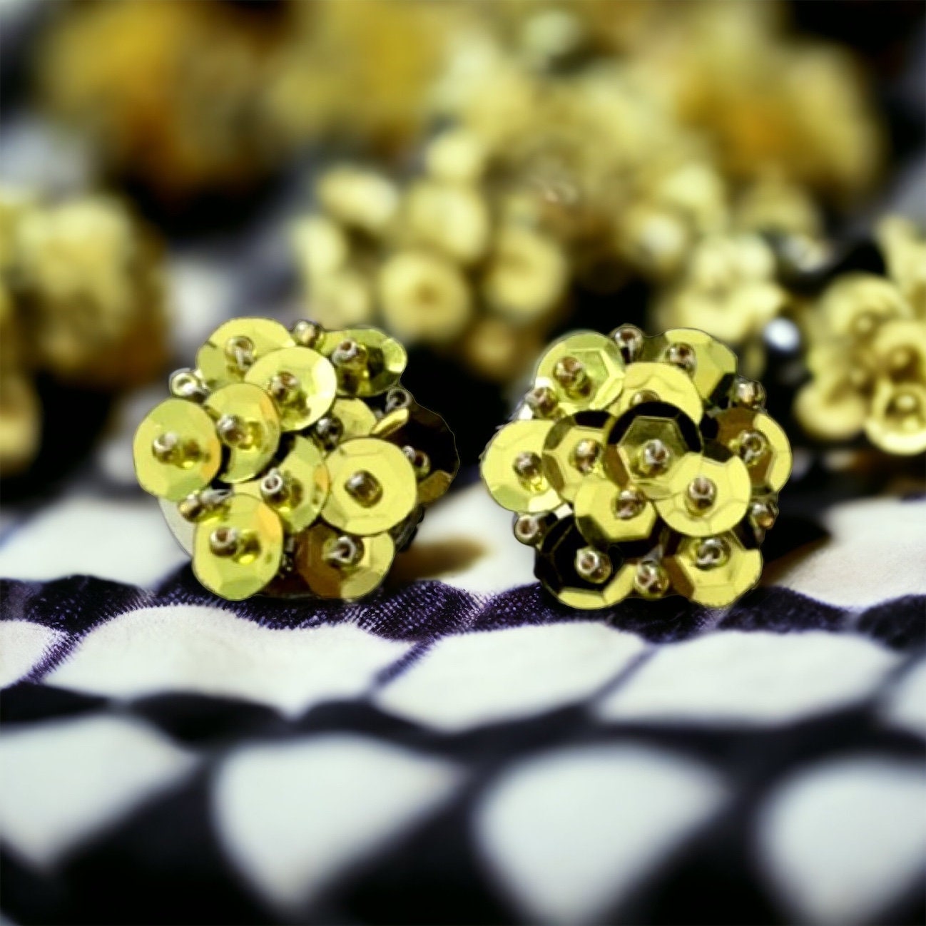 Gold sequin and beadwork stud earrings - for pierced ears OR clip on earrings - your preference