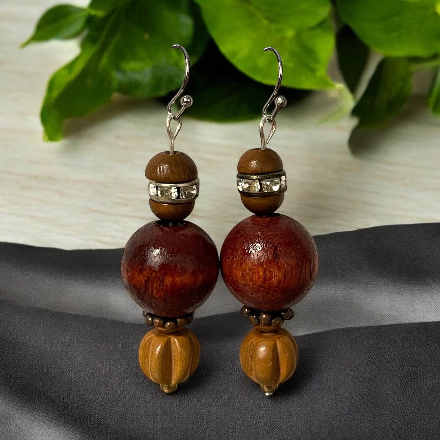 Metal, crystal rhinestone and wood handmade dangle earrings with vintage, upcycled and new elements
