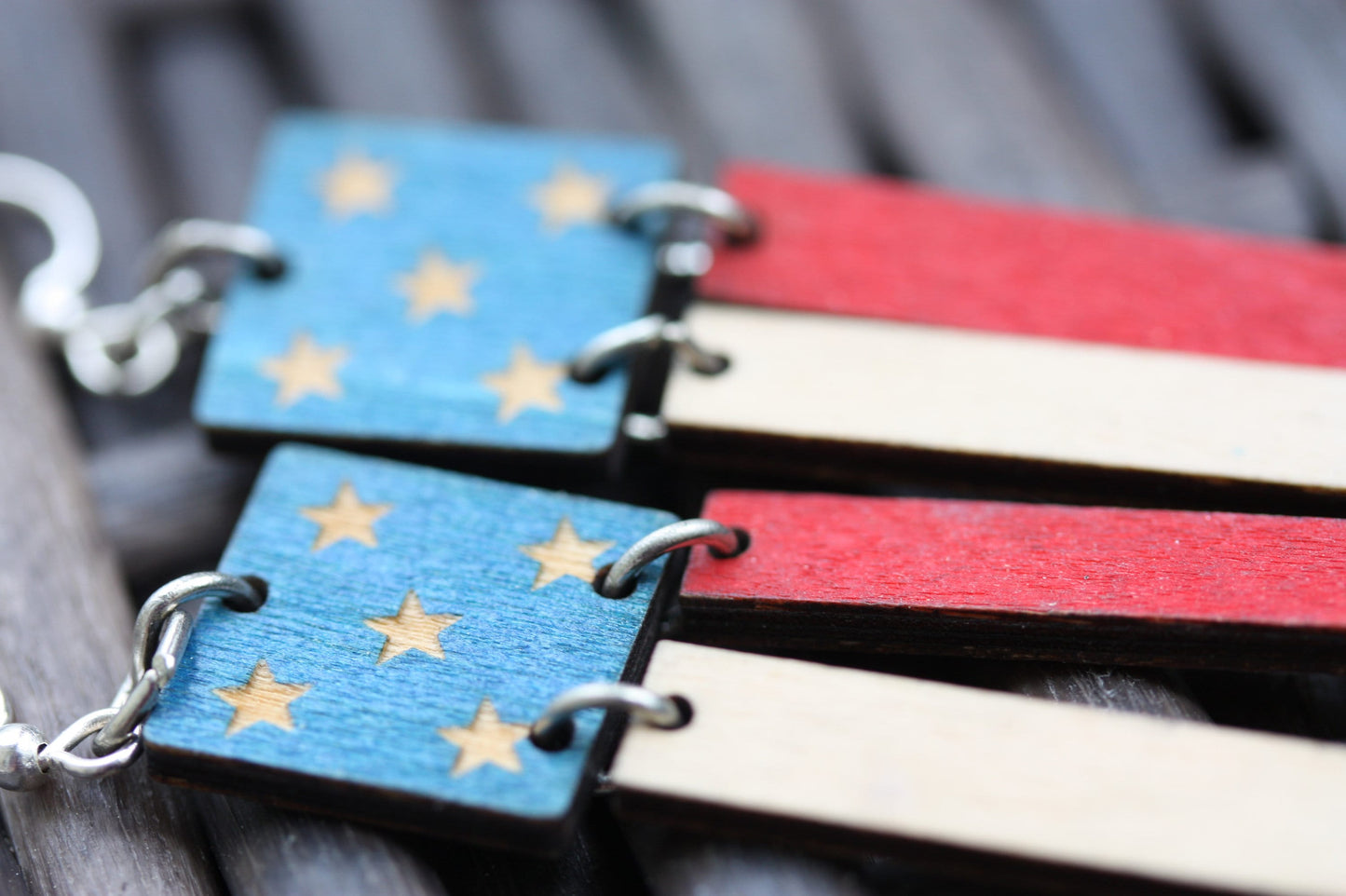 Vintage folk art style American flag all wood dangle earrings - perfect for July 4 or any day