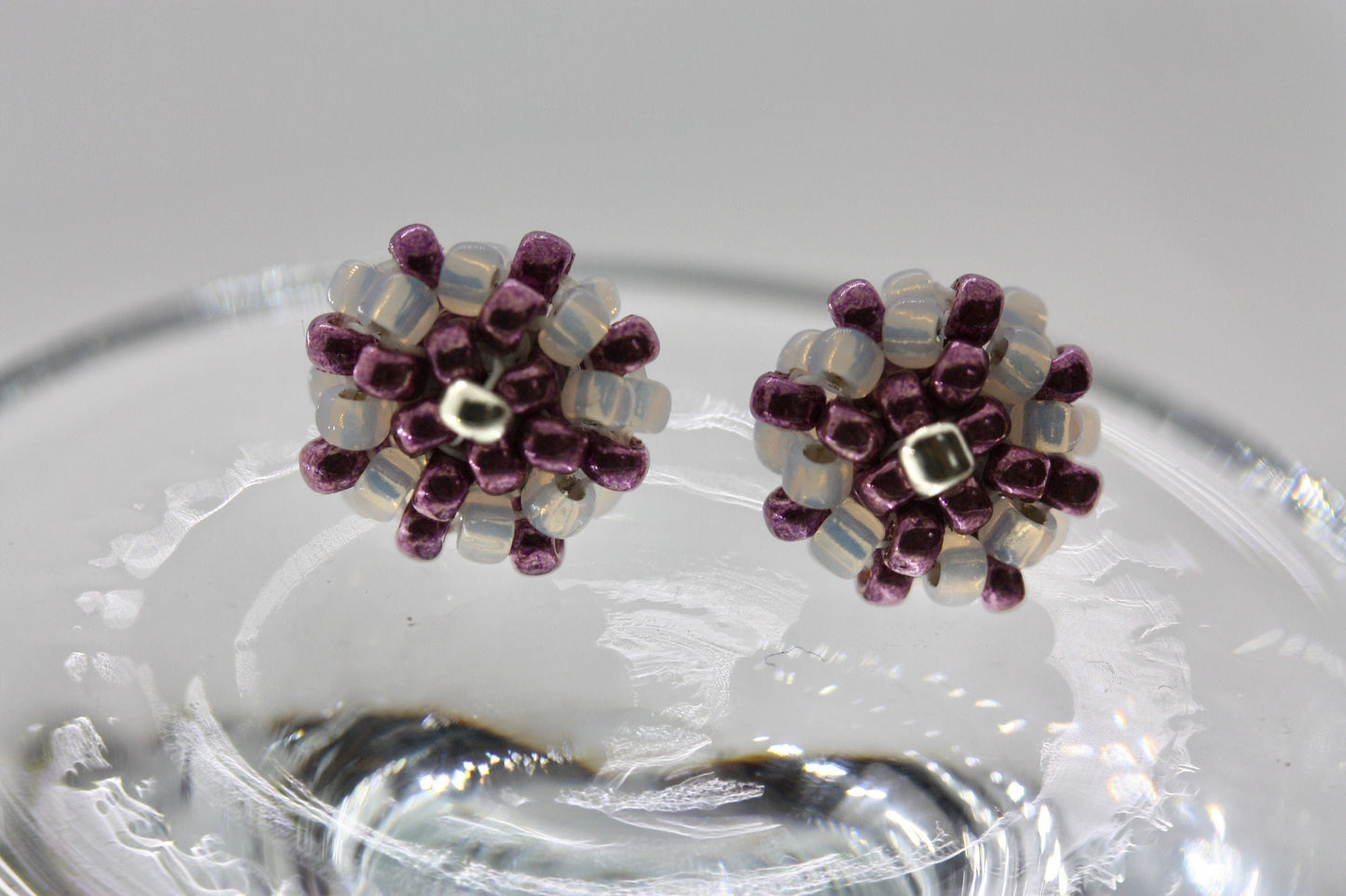 Hand beaded sterling silver stud earrings - purple with drops of gold lined white glass - studs, beadwork studs, beaded studs
