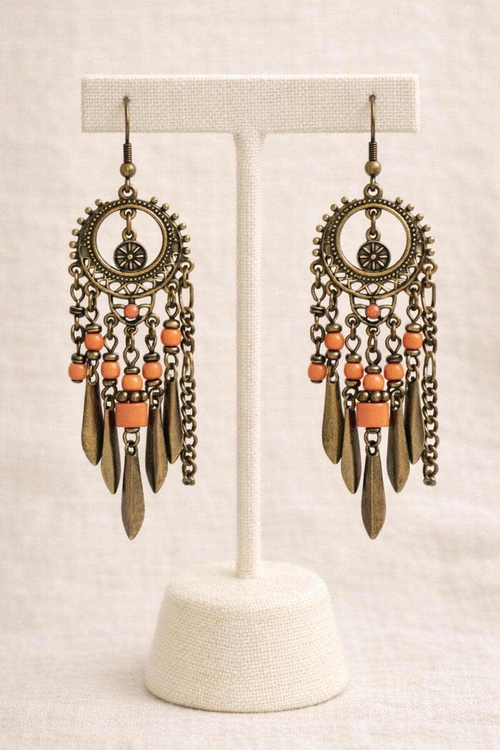 Boho Chandelier Earrings • Coral Bead Dangle Earrings • Faux Antique Brass • Bohemian Statement Earrings • Long Drop Earrings 3.25" long