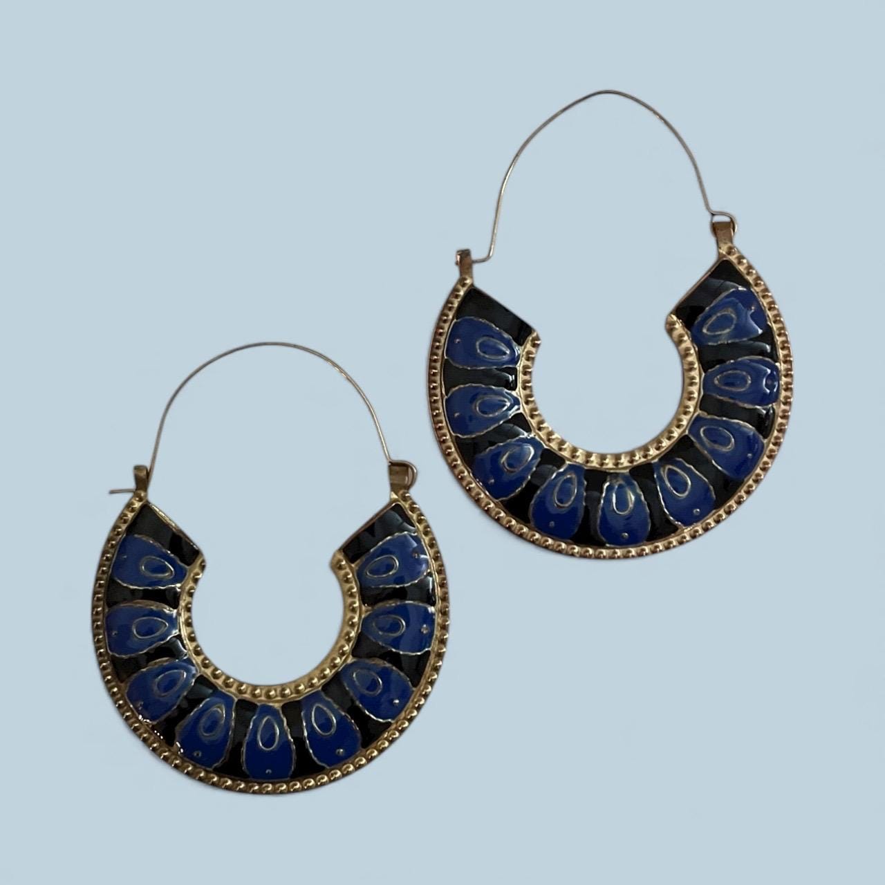 Vintage Brass & Blue Enamel Hoop Earrings – Boho Tribal Style Statement Earrings, Retro Artisan Jewelry