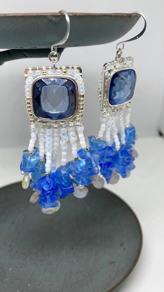 One-of-a-kind mixed material hand beaded dangle beadwork earrings - inspired by the beach - upcycled cabochons, blue glass chips, seed beads