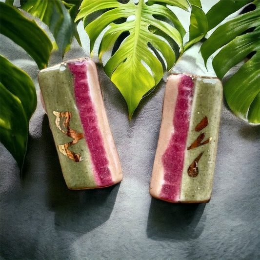Vintage pottery ceramic earrings - red, green and gold glaze on clay