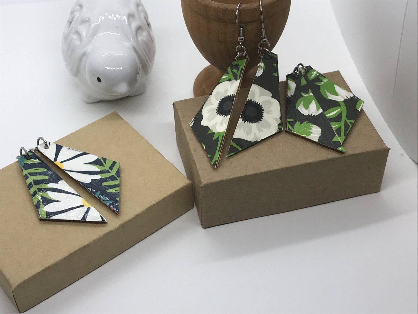 Unique handmade earrings - made of mixed materials - specialty paper, sealant and wood