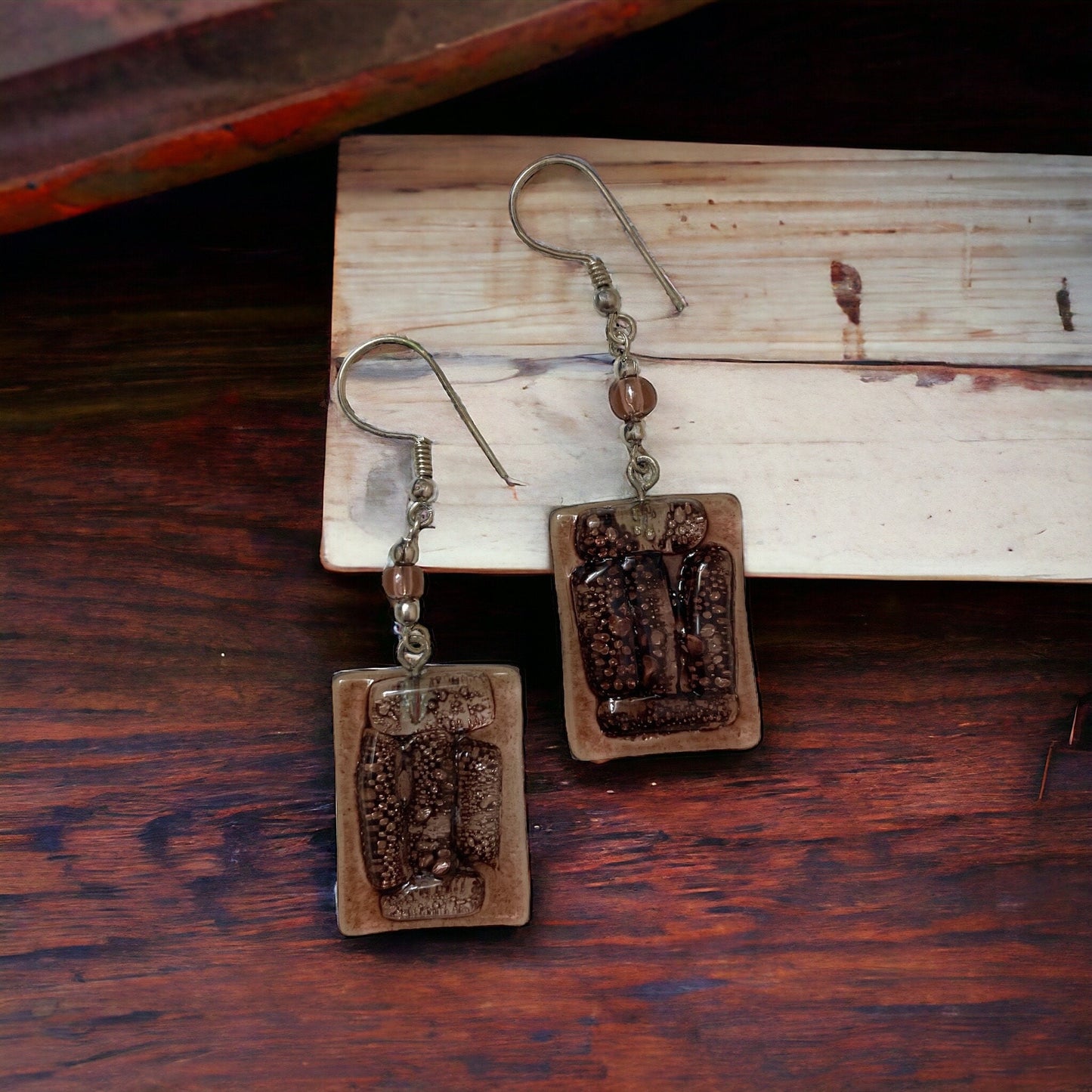 Unique artisan fused glass rectangular dangle earrings