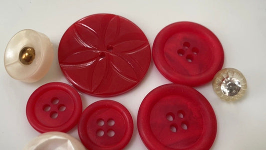 Button mix lot - red and white vintage buttons - rhinestones, pearlescent, etched, etc. various sizes and materials