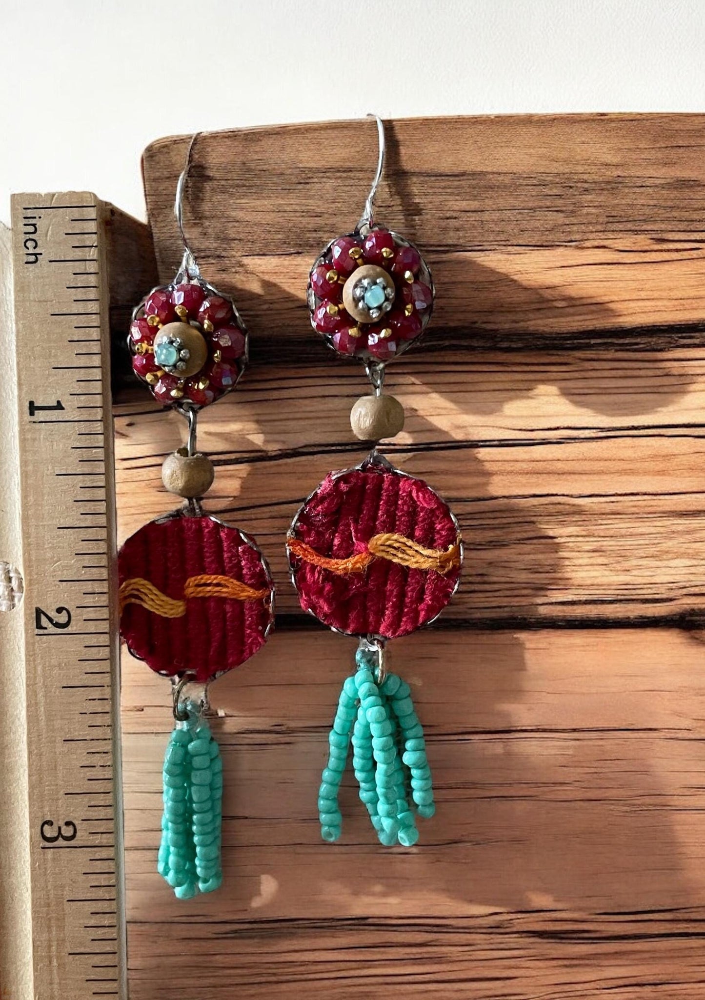 Collage earrings - "Red Sky" - fabric, wood, mixed metals, glass seed beads - sterling silver ear wires