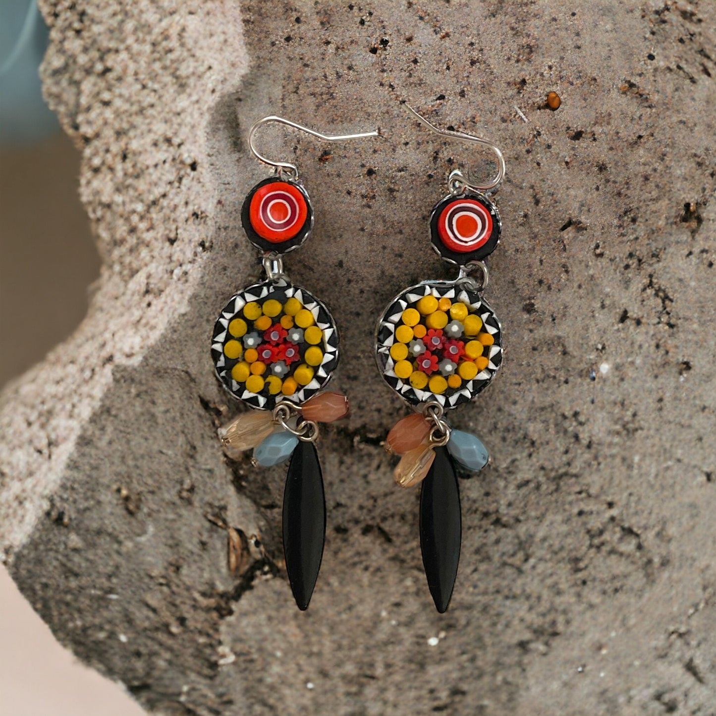 My own handmade Italian style hand cut micro mosaic millefiori glass dangle earrings