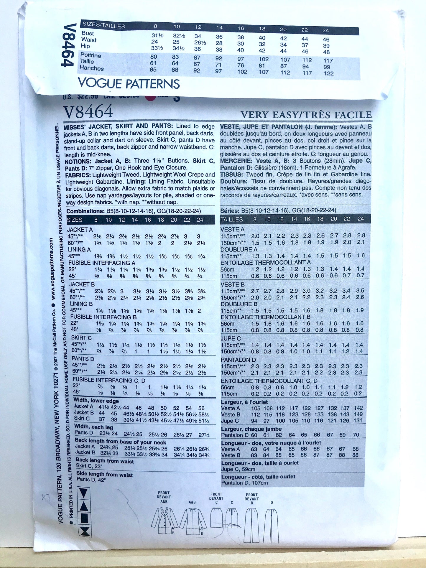 UNCUT Sewing Pattern - Very Easy Vogue 8464 (V8464) Sizes 18, 20, 22, 24 - Jacket, Pants and Skirt