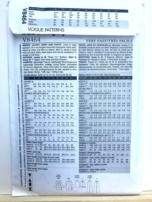 UNCUT Sewing Pattern - Very Easy Vogue 8464 (V8464) Sizes 18, 20, 22, 24 - Jacket, Pants and Skirt