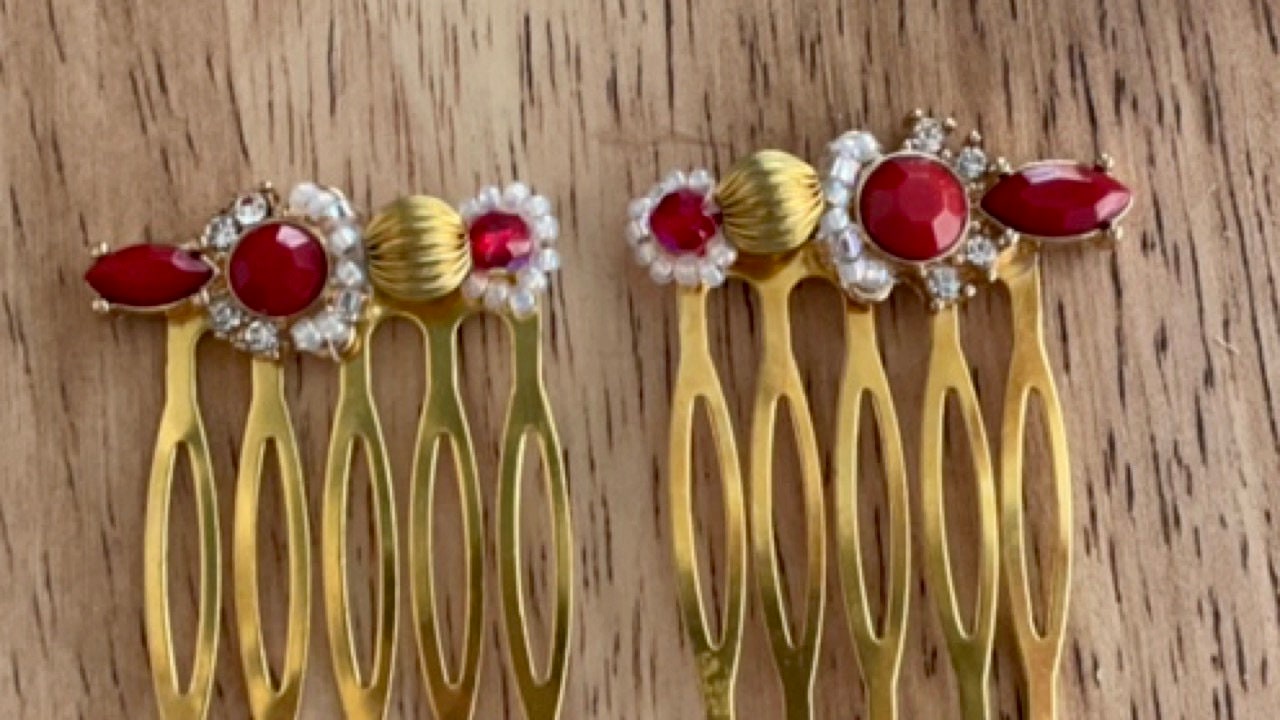 Pair of handmade beadwork and rhinestone mini metal hair combs