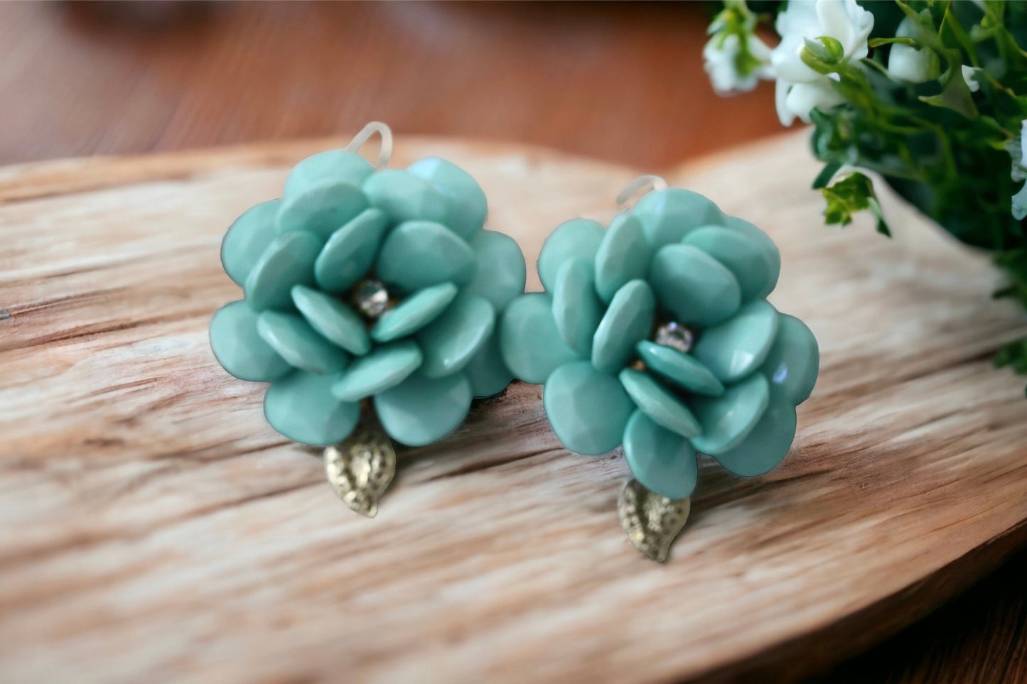Fun large beaded turquoise flower earrings with goldtone dangle leaves - upcycled, statement earrings