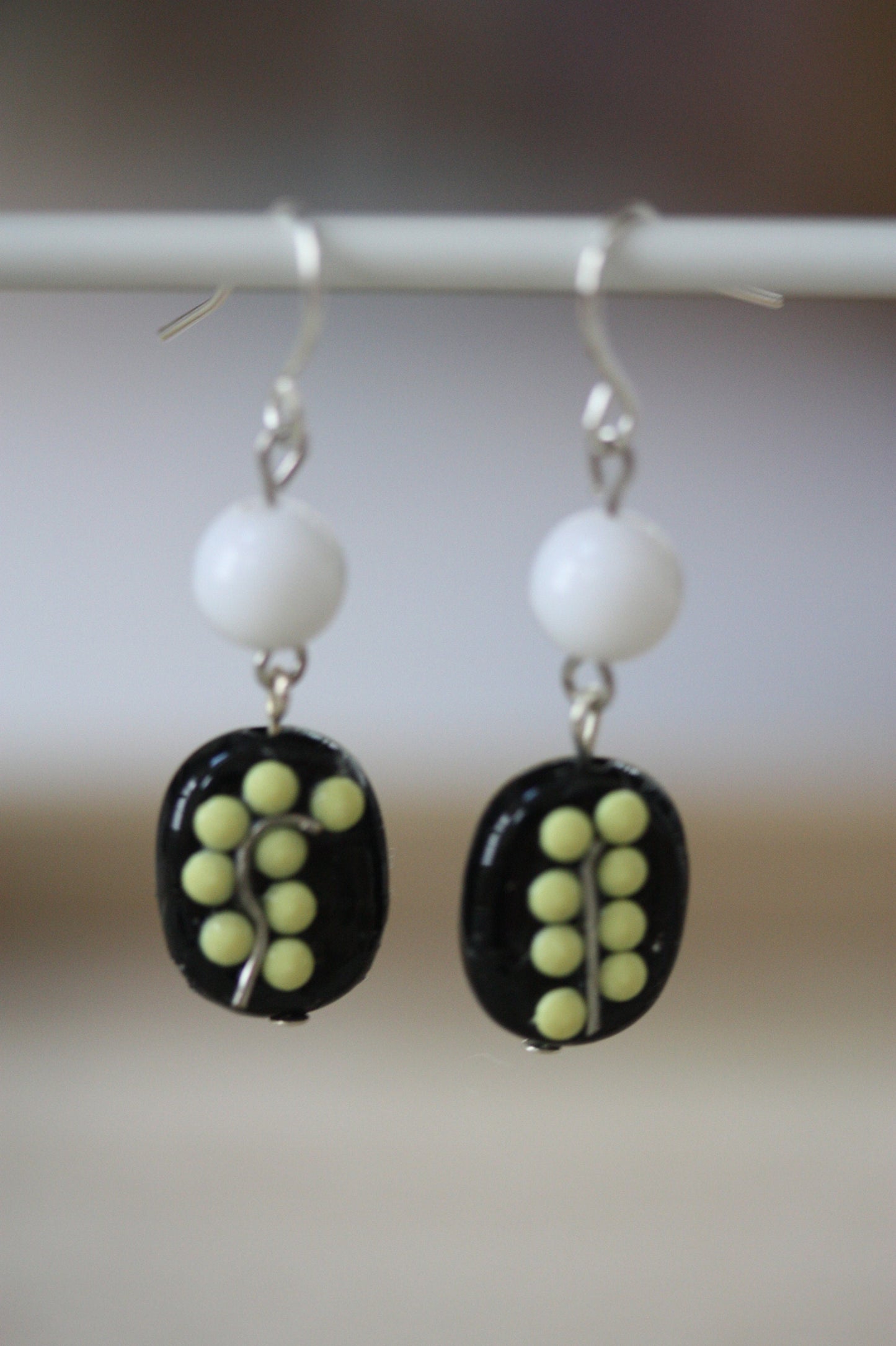Sweet handmade yellow dotted black and white floral dangle earrings