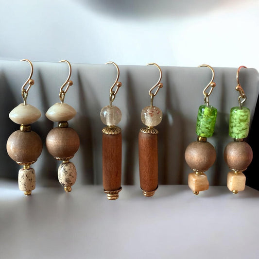 Handmade wood and glass dangle earrings - Your choice
