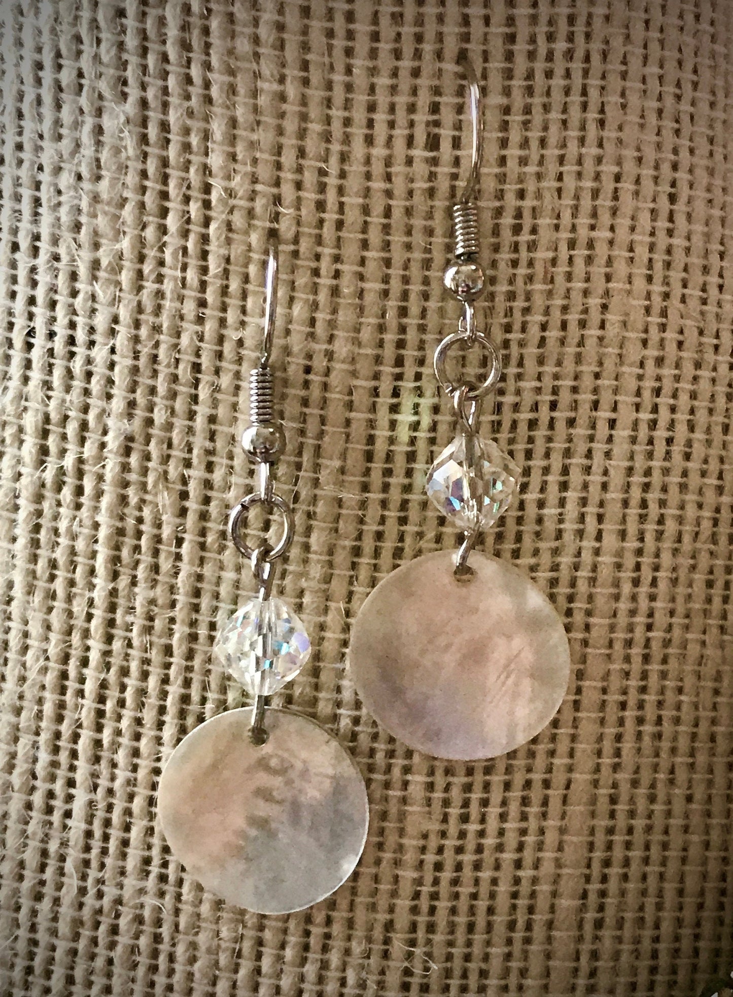 Handmade dangle earrings - mother-of-pearl with vintage crystals
