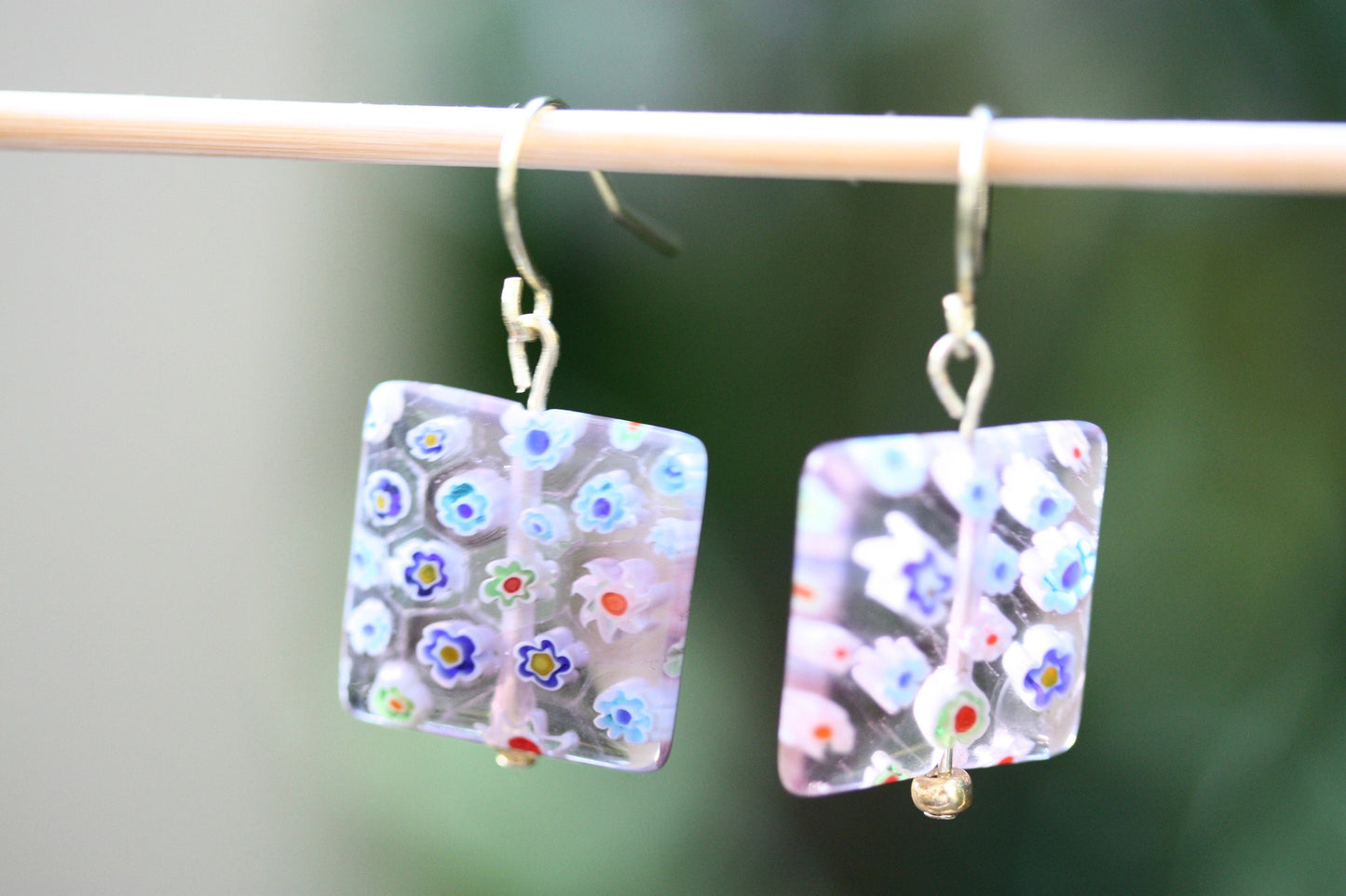 Stunning square glass millefiori floral dangle earrings