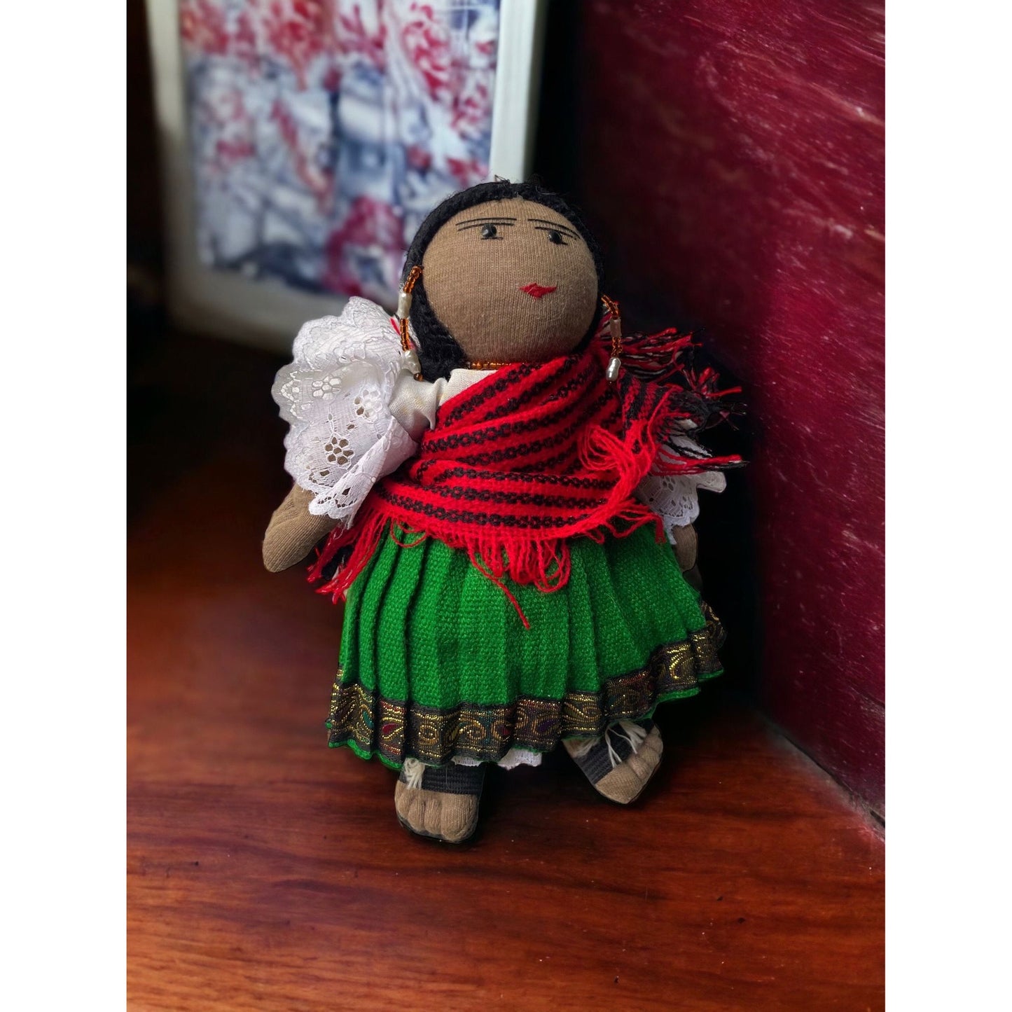 Stunning vintage Mexican? girl doll with braids, sandals and traditional clothing