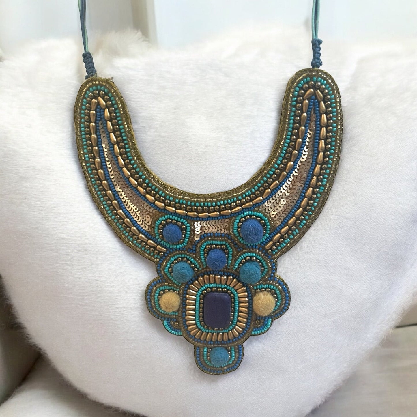 Stunning beadwork necklace - mixed materials with sequins, pom poms and beads - turquoise
