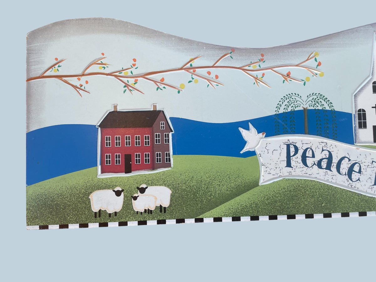Folk Art Wooden Wall Plaque – “Peace to This Place” Country Village Scene with Sheep & Church – Primitive Farmhouse Decor