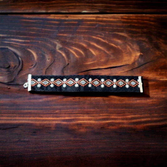 Vintage embroidered choker necklace - black, orange, gold