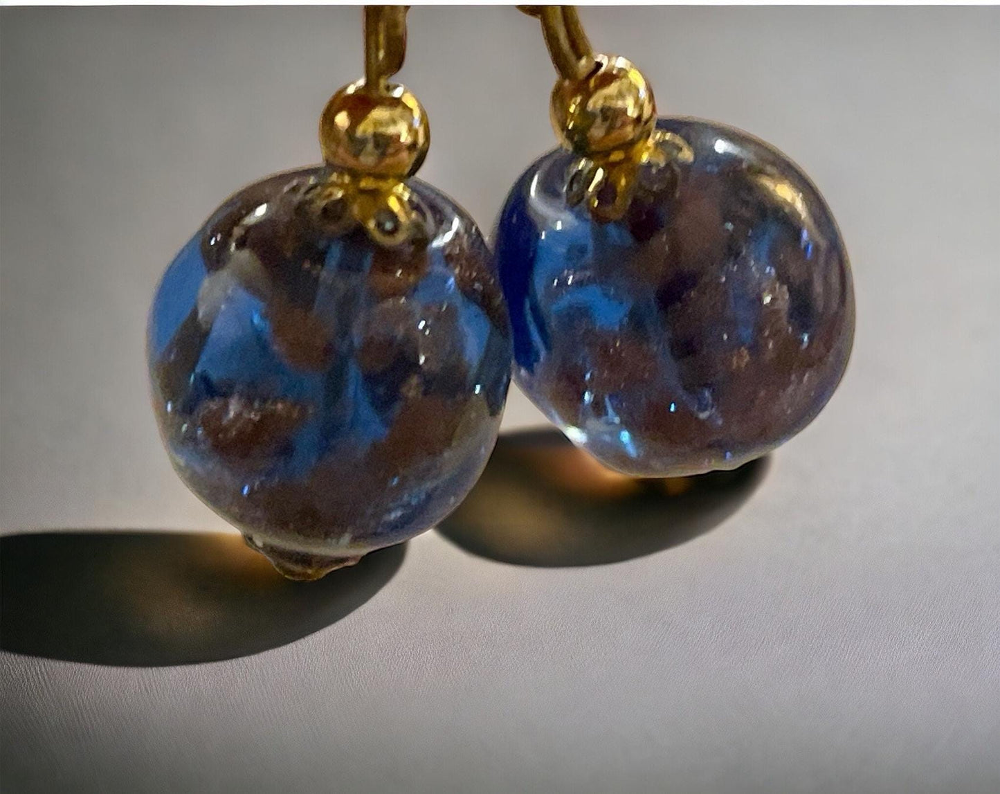 Blue and gold speckled glass vintage dangle earrings