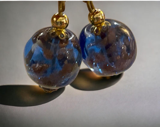 Blue and gold speckled glass vintage dangle earrings