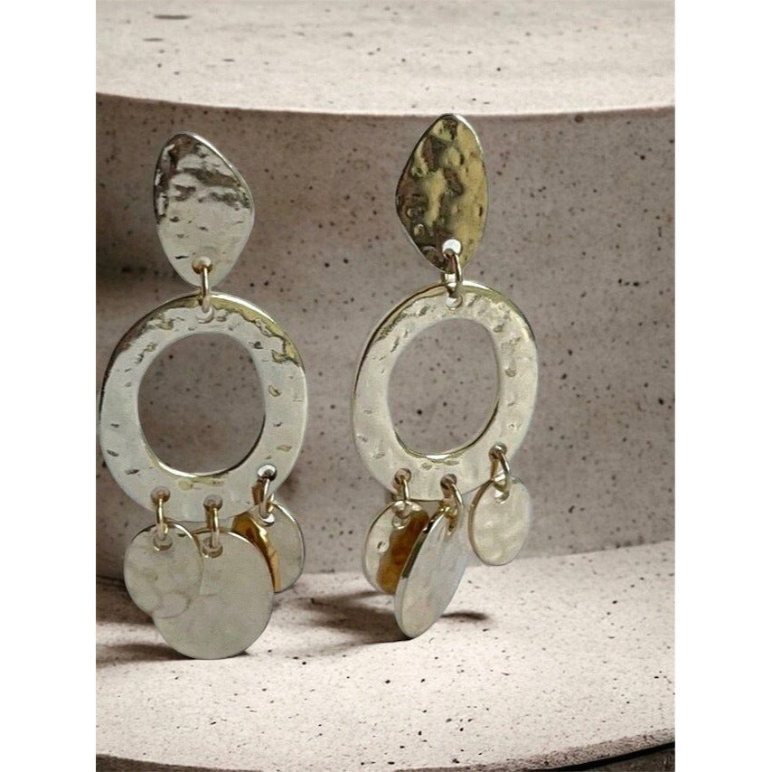 Stunning vintage hammered goldtone metal vintage hoop and dangle geometrical earrings